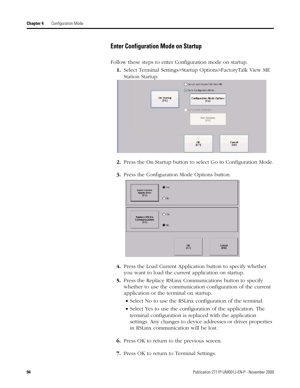 Enter configuration mode on startup, Press the configuration mode options button, Press ok to return to the previous screen | Press ok to return to terminal settings | Rockwell Automation 2711P PanelView Plus Terminal User Manual User Manual | Page 94 / 246