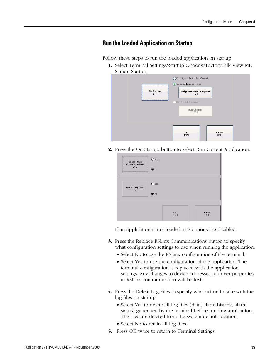 Run the loaded application on startup, Press ok twice to return to terminal settings | Rockwell Automation 2711P PanelView Plus Terminal User Manual User Manual | Page 95 / 246