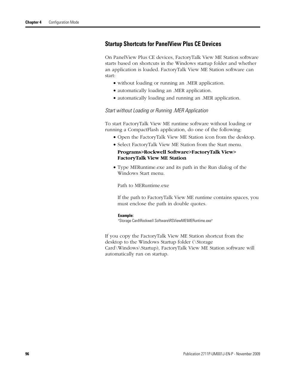 Startup shortcuts for panelview plus ce devices, Start without loading or running .mer application | Rockwell Automation 2711P PanelView Plus Terminal User Manual User Manual | Page 96 / 246