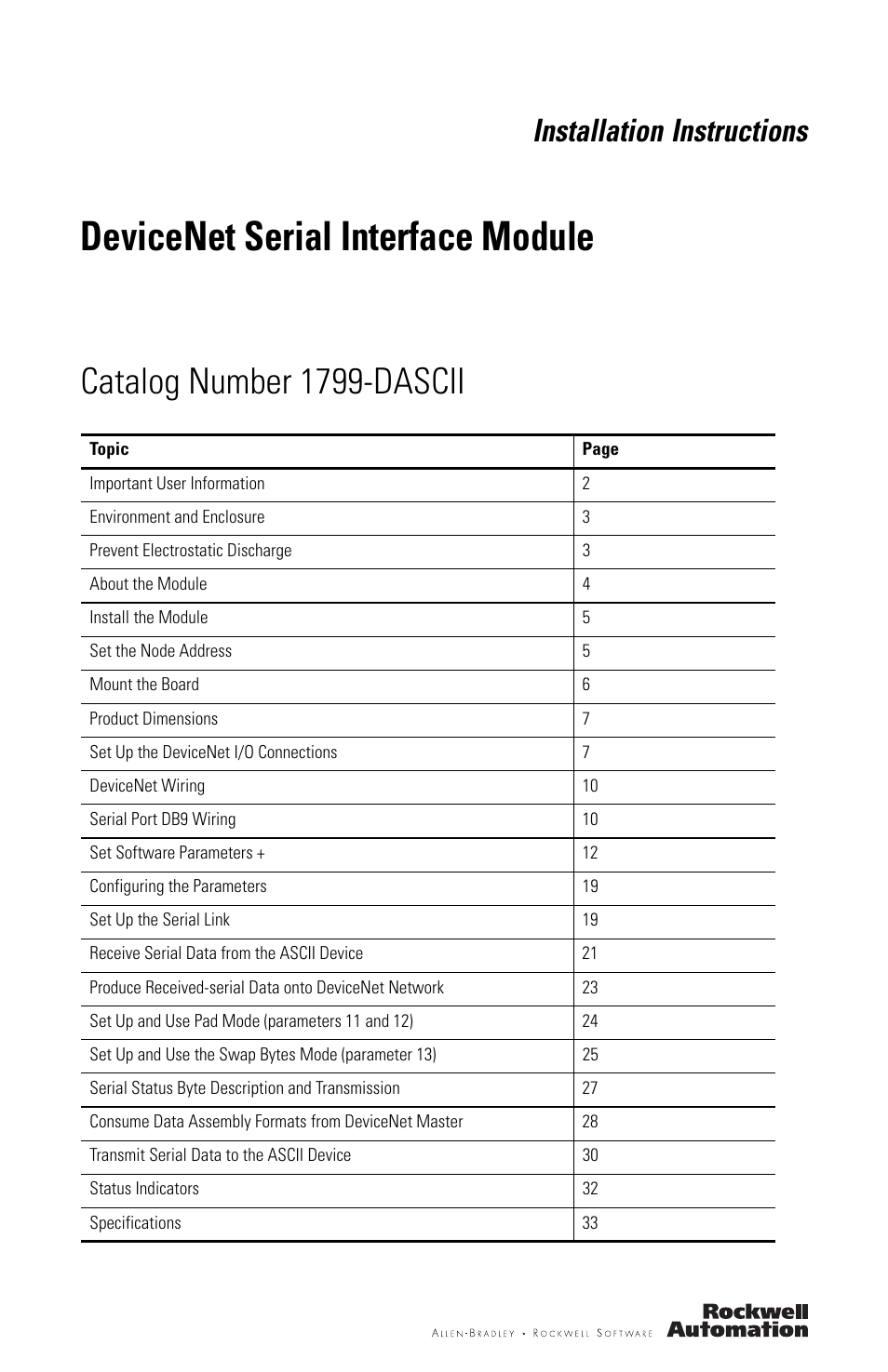 Rockwell Automation 1799-DASCII DeviceNet Serial Interface User Manual | 36 pages