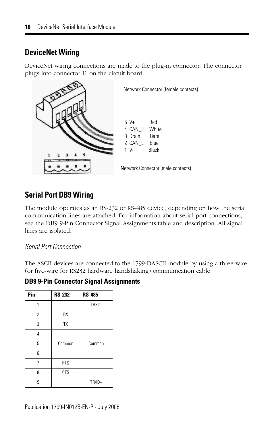Devicenet wiring, Serial port db9 wiring, Serial port connection | Db9 9-pin connector signal assignments | Rockwell Automation 1799-DASCII DeviceNet Serial Interface User Manual | Page 10 / 36