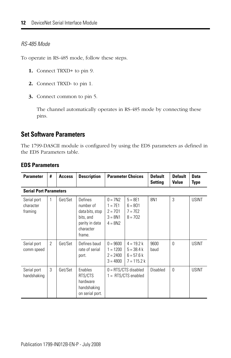 Set software parameters | Rockwell Automation 1799-DASCII DeviceNet Serial Interface User Manual | Page 12 / 36