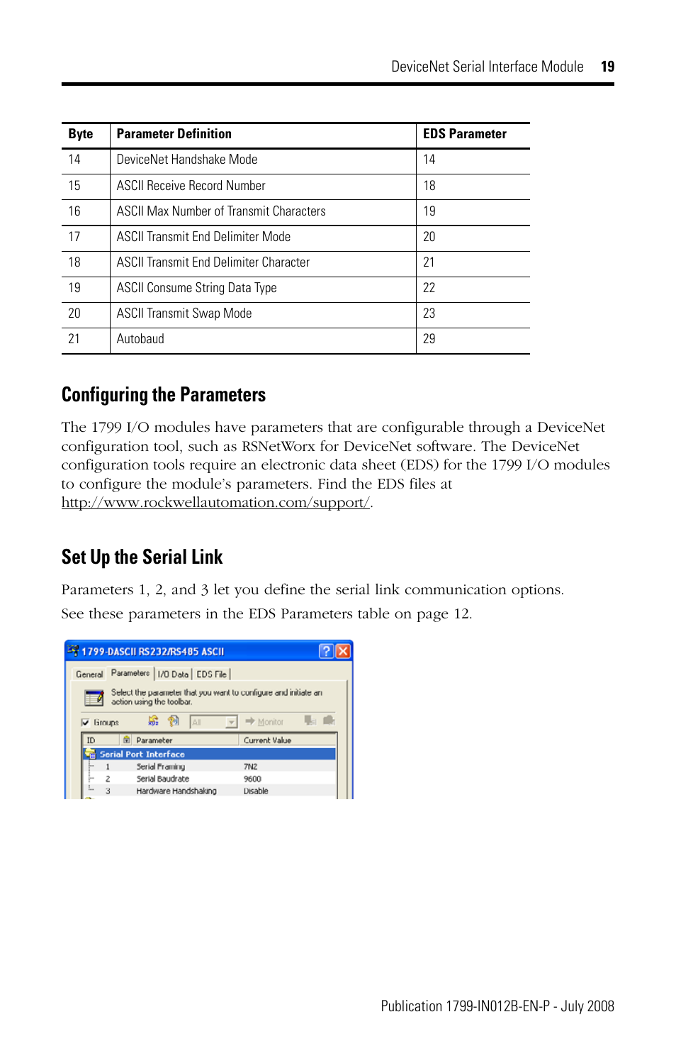 Configuring the parameters, Set up the serial link | Rockwell Automation 1799-DASCII DeviceNet Serial Interface User Manual | Page 19 / 36