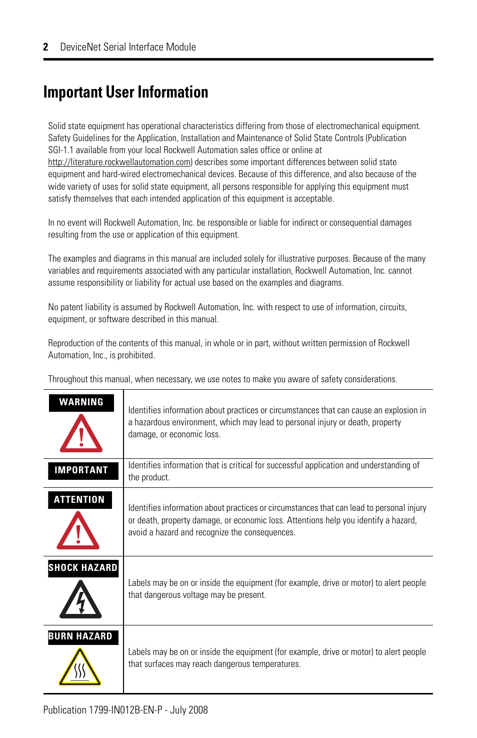 Important user information | Rockwell Automation 1799-DASCII DeviceNet Serial Interface User Manual | Page 2 / 36