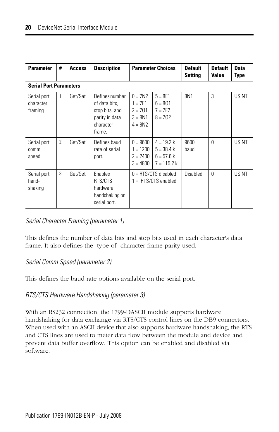 Serial character framing (parameter 1), Serial comm speed (parameter 2), Rts/cts hardware handshaking (parameter 3) | Rockwell Automation 1799-DASCII DeviceNet Serial Interface User Manual | Page 20 / 36