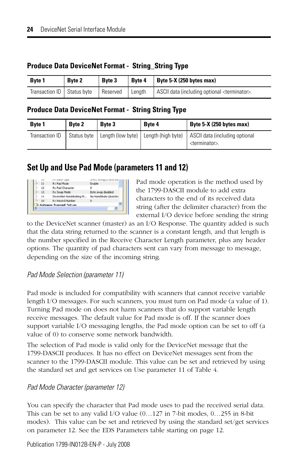 Set up and use pad mode (parameters 11 and 12) | Rockwell Automation 1799-DASCII DeviceNet Serial Interface User Manual | Page 24 / 36