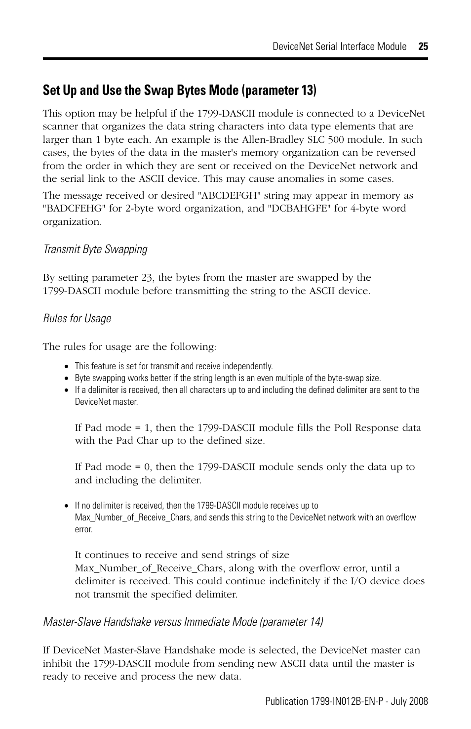 Set up and use the swap bytes mode (parameter 13) | Rockwell Automation 1799-DASCII DeviceNet Serial Interface User Manual | Page 25 / 36