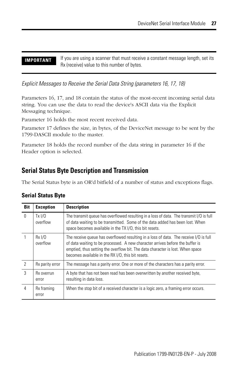 Serial status byte description and transmission | Rockwell Automation 1799-DASCII DeviceNet Serial Interface User Manual | Page 27 / 36