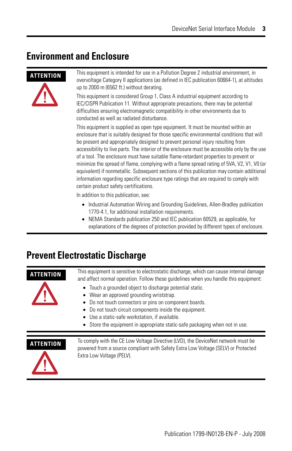 Environment and enclosure, Prevent electrostatic discharge | Rockwell Automation 1799-DASCII DeviceNet Serial Interface User Manual | Page 3 / 36