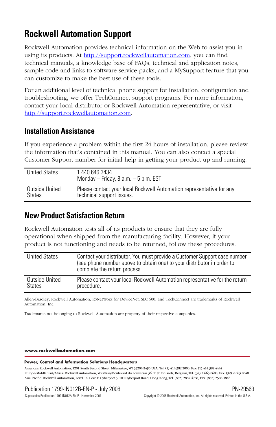 Back cover, Rockwell automation support, Installation assistance | New product satisfaction return | Rockwell Automation 1799-DASCII DeviceNet Serial Interface User Manual | Page 36 / 36