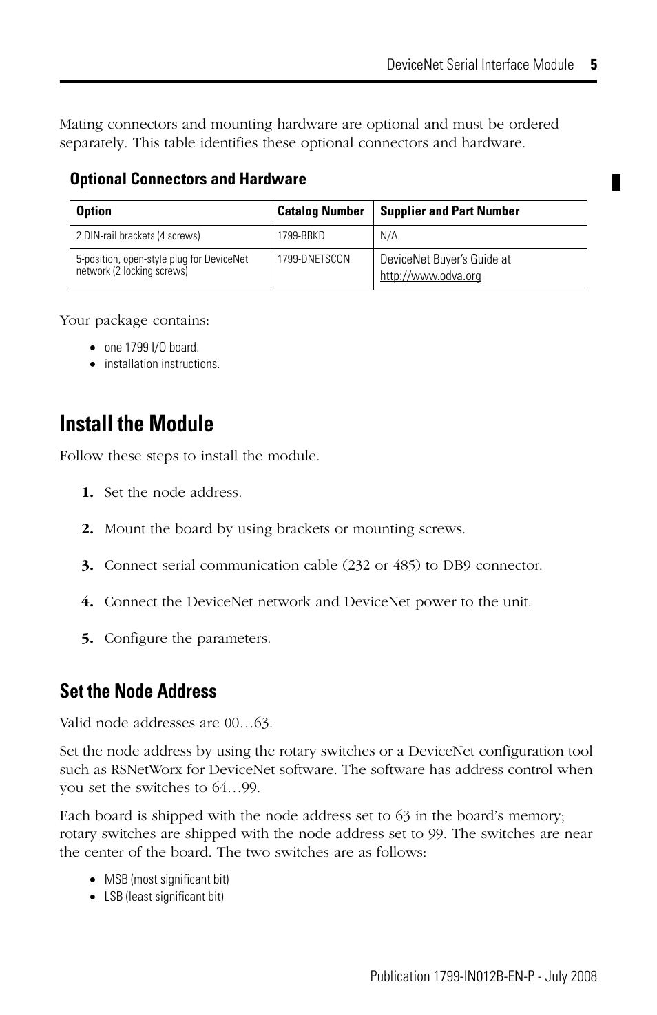 Install the module, Set the node address | Rockwell Automation 1799-DASCII DeviceNet Serial Interface User Manual | Page 5 / 36