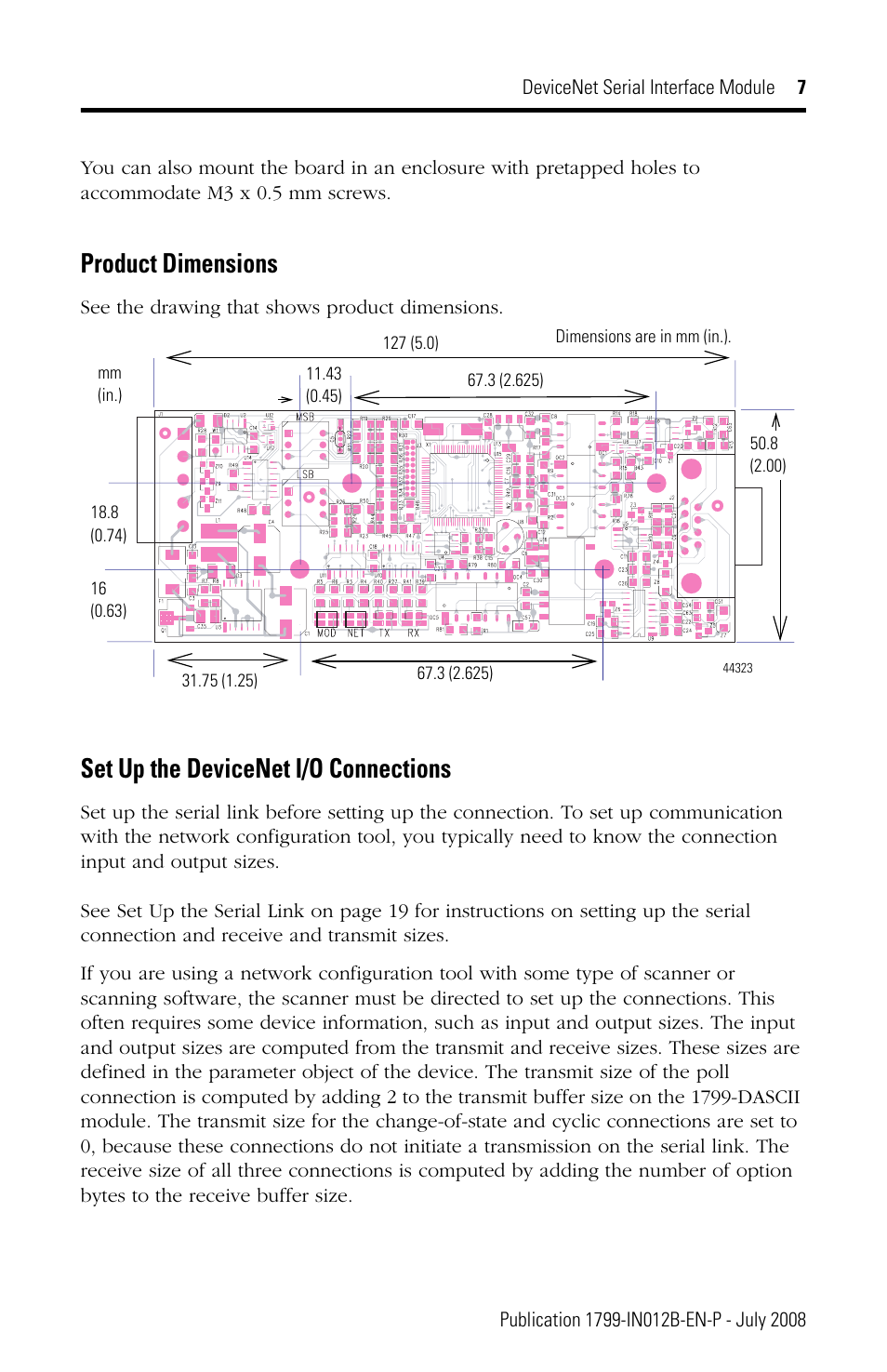 Set up the devicenet i/o connections, Product dimensions | Rockwell Automation 1799-DASCII DeviceNet Serial Interface User Manual | Page 7 / 36