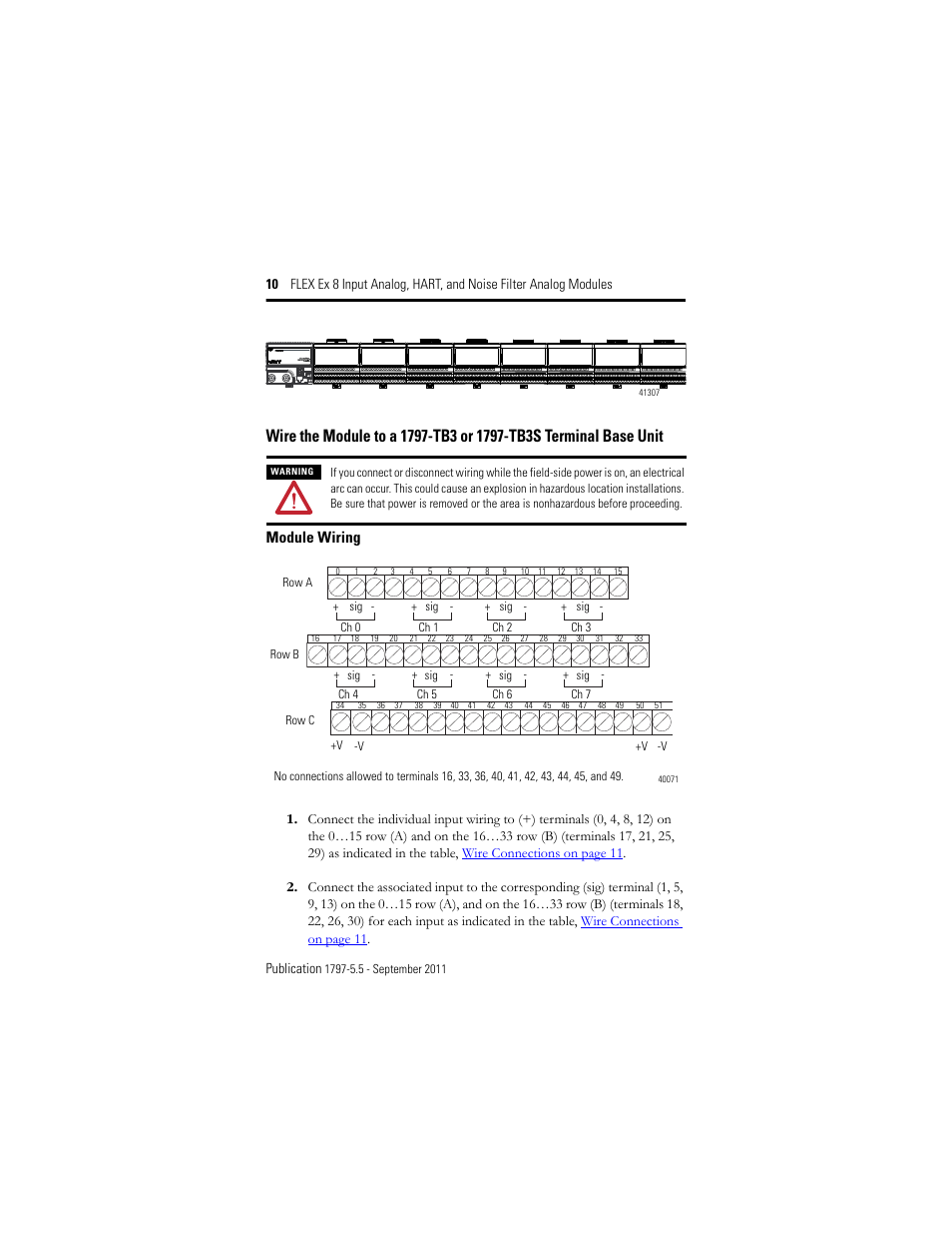 Module wiring | Rockwell Automation 1797-IE8NF FLEX Ex 8 Input Analog, HART and Noise Filter Module User Manual | Page 10 / 52