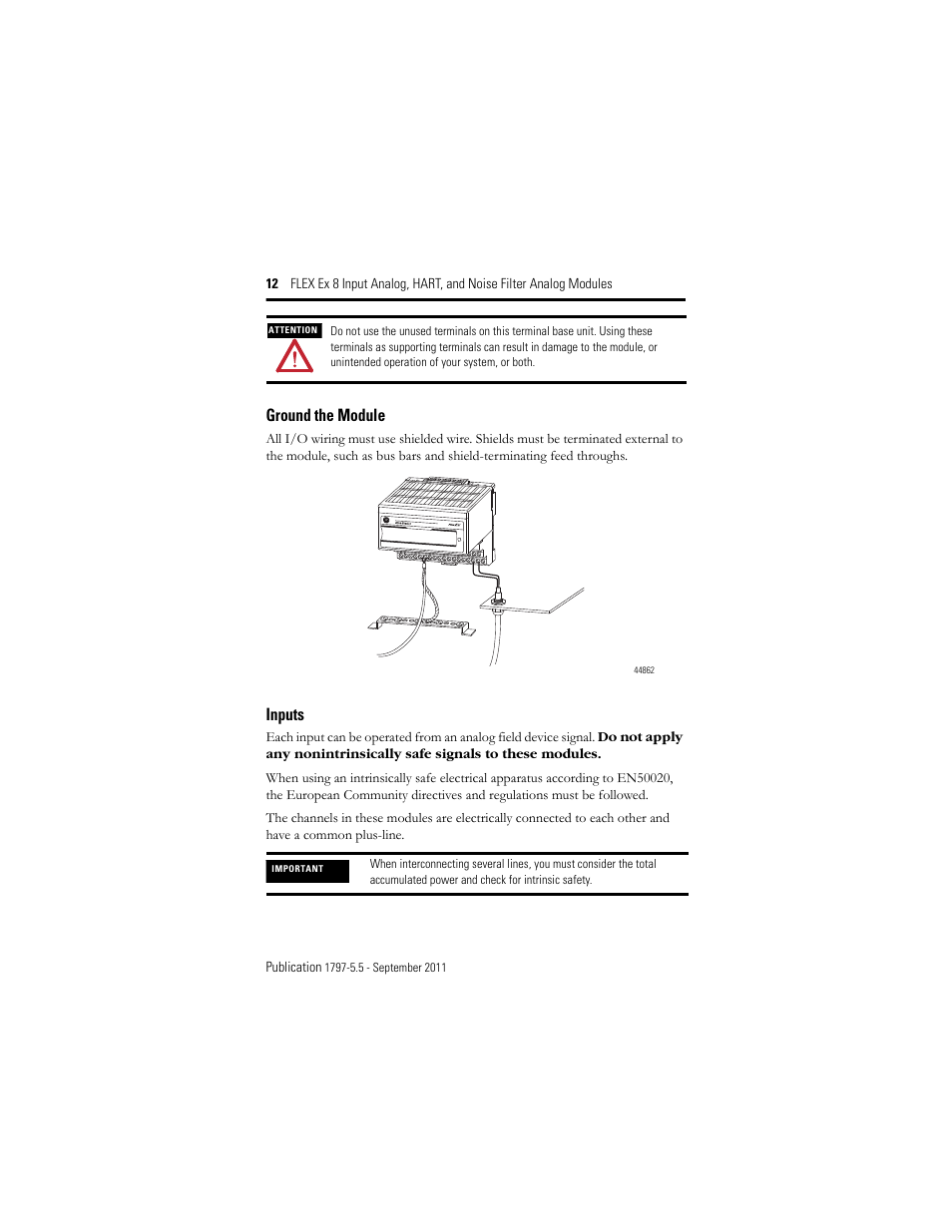 Ground the module, Inputs | Rockwell Automation 1797-IE8NF FLEX Ex 8 Input Analog, HART and Noise Filter Module User Manual | Page 12 / 52