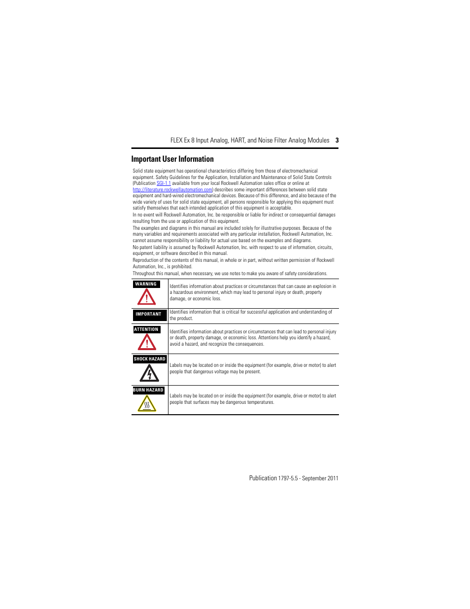 Important user information | Rockwell Automation 1797-IE8NF FLEX Ex 8 Input Analog, HART and Noise Filter Module User Manual | Page 3 / 52