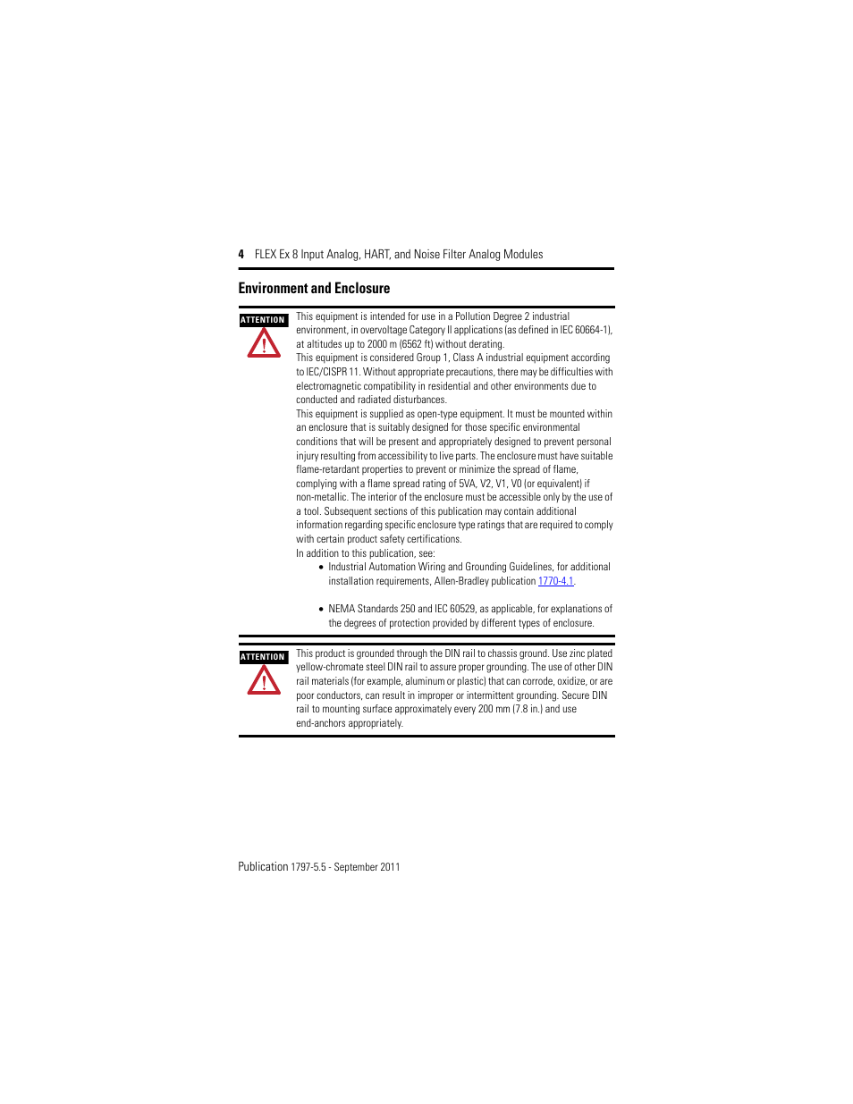Environment and enclosure | Rockwell Automation 1797-IE8NF FLEX Ex 8 Input Analog, HART and Noise Filter Module User Manual | Page 4 / 52