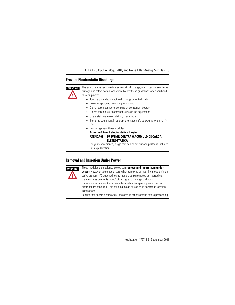 Prevent electrostatic discharge, Removal and insertion under power | Rockwell Automation 1797-IE8NF FLEX Ex 8 Input Analog, HART and Noise Filter Module User Manual | Page 5 / 52