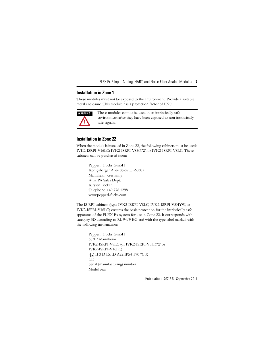 Installation in zone 1, Installation in zone 22 | Rockwell Automation 1797-IE8NF FLEX Ex 8 Input Analog, HART and Noise Filter Module User Manual | Page 7 / 52