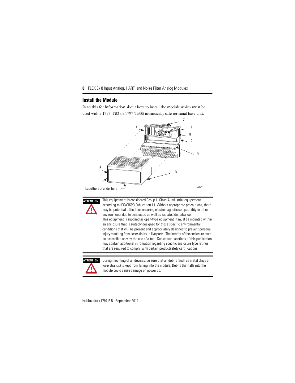 Install the module | Rockwell Automation 1797-IE8NF FLEX Ex 8 Input Analog, HART and Noise Filter Module User Manual | Page 8 / 52