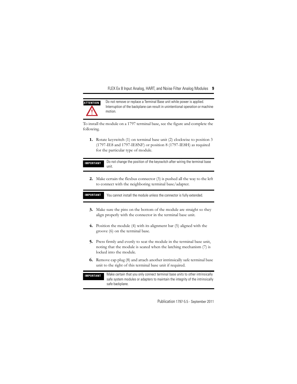 Rockwell Automation 1797-IE8NF FLEX Ex 8 Input Analog, HART and Noise Filter Module User Manual | Page 9 / 52