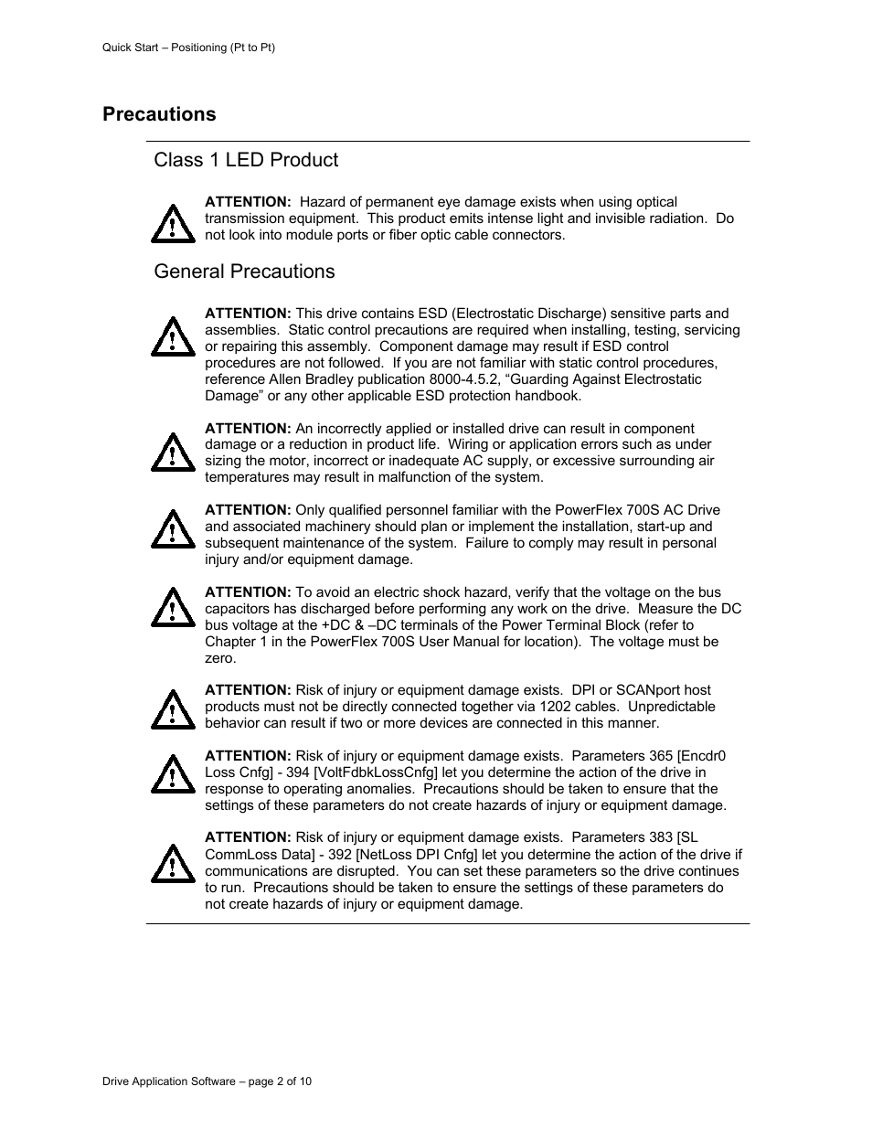 Precautions class 1 led product, General precautions | Rockwell Automation 9329 Drive Application Software Positioning Point to Point User Manual | Page 2 / 10