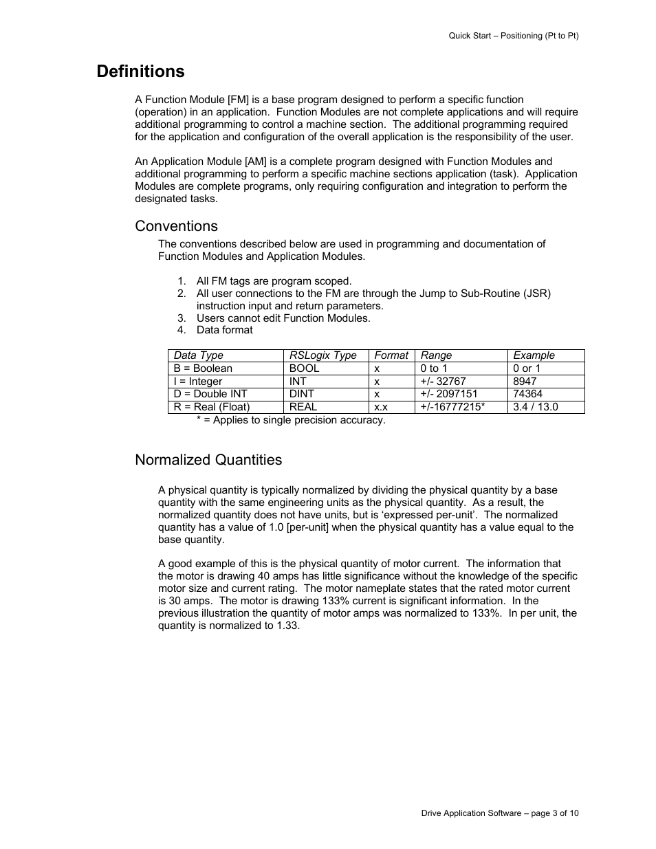 Definitions, Conventions, Normalized quantities | Rockwell Automation 9329 Drive Application Software Positioning Point to Point User Manual | Page 3 / 10