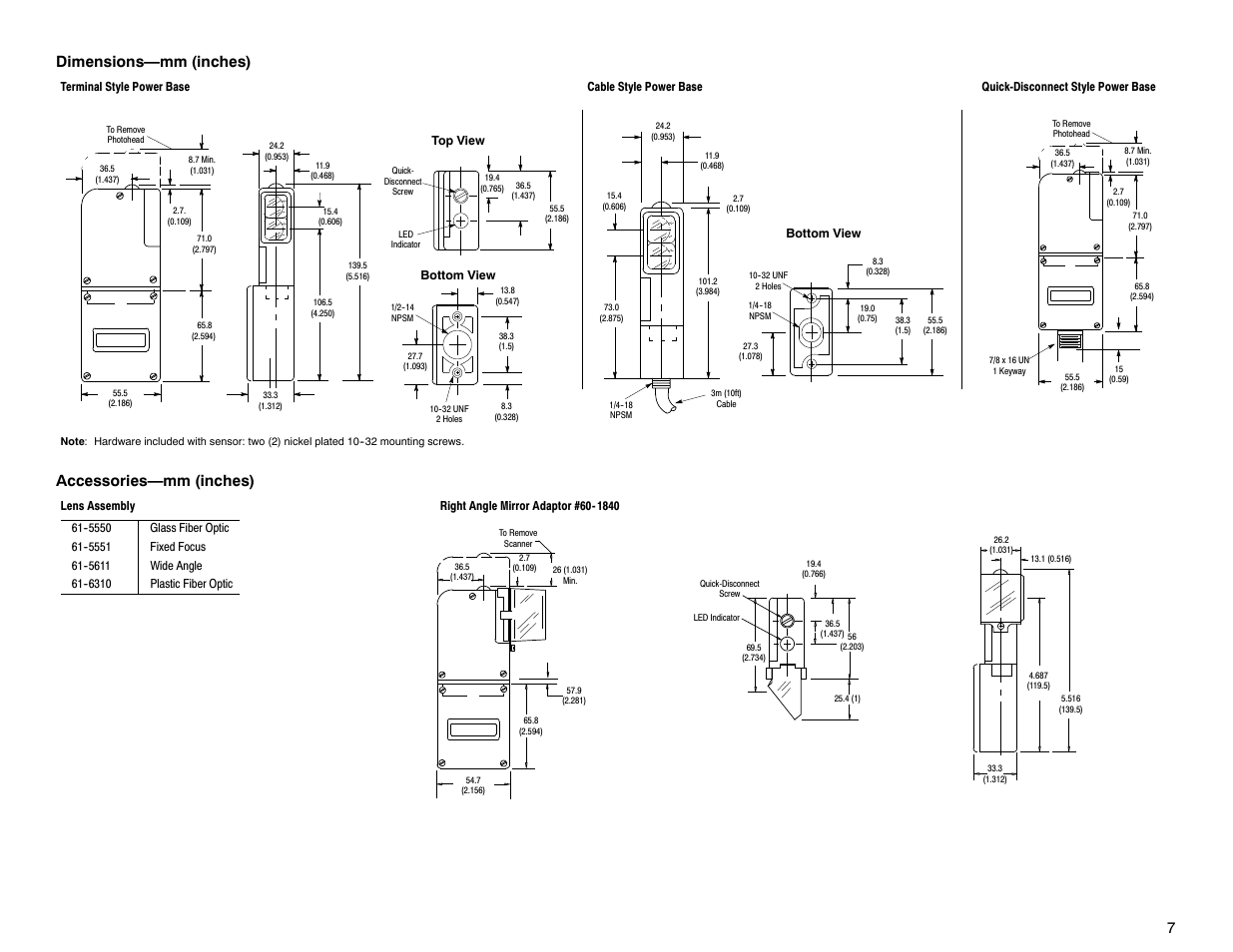 7dimensions—mm (inches), Accessories—mm (inches) | Rockwell Automation 5000 Green Line User Manual | Page 7 / 8