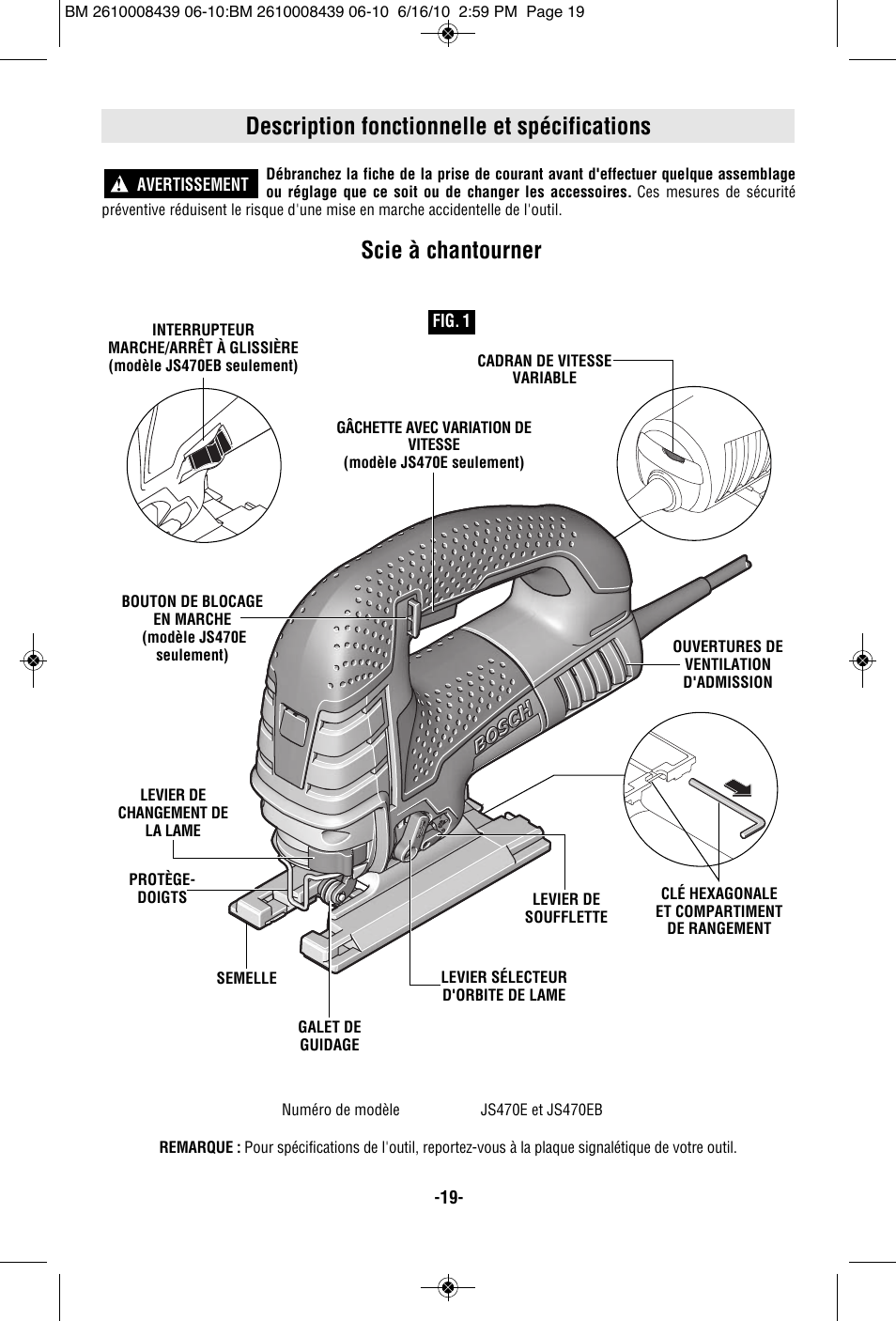 Description fonctionnelle et spécifications, Scie à chantourner | Bosch JS470E User Manual | Page 19 / 40