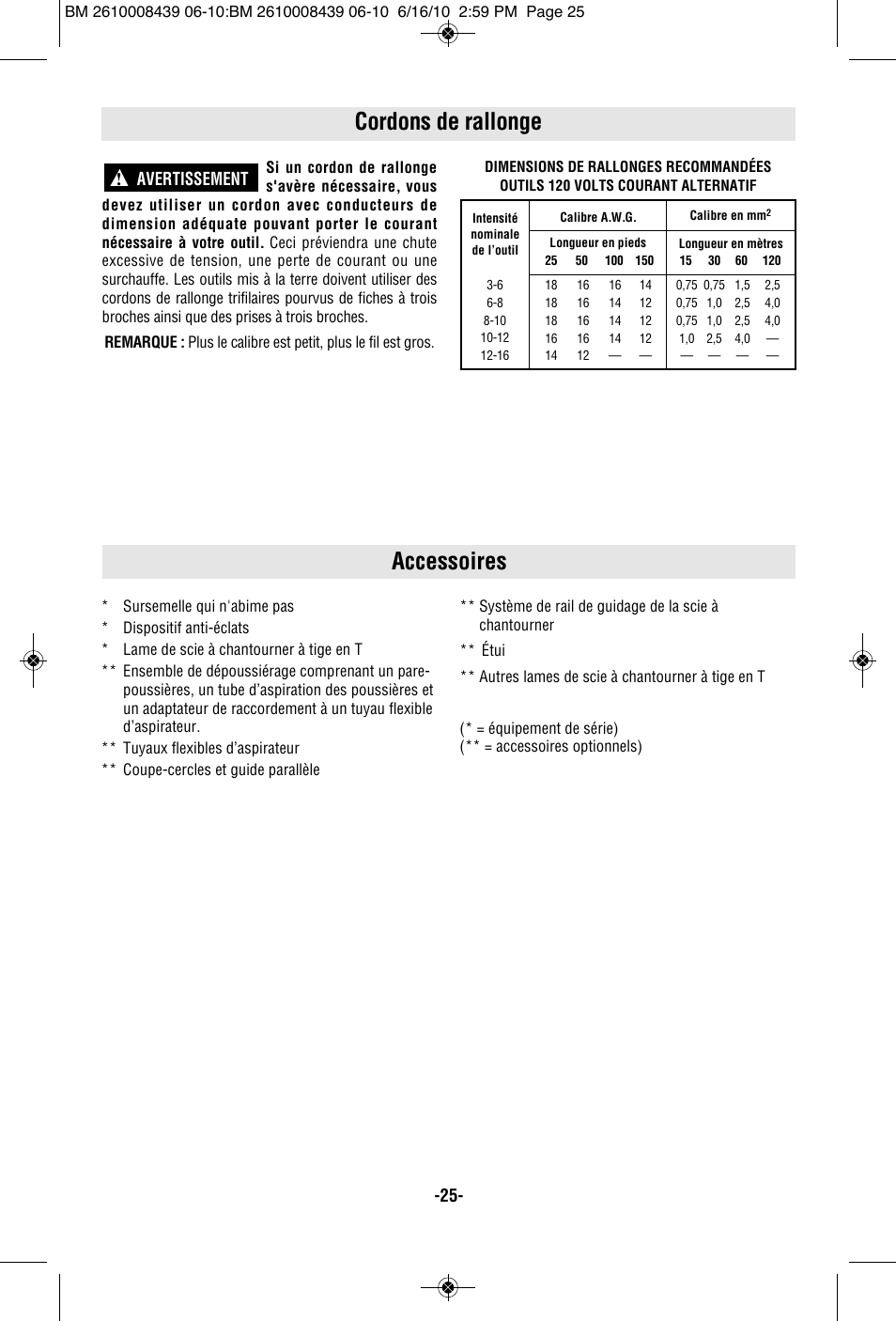 Accessoires, Cordons de rallonge, Avertissement | Bosch JS470E User Manual | Page 25 / 40