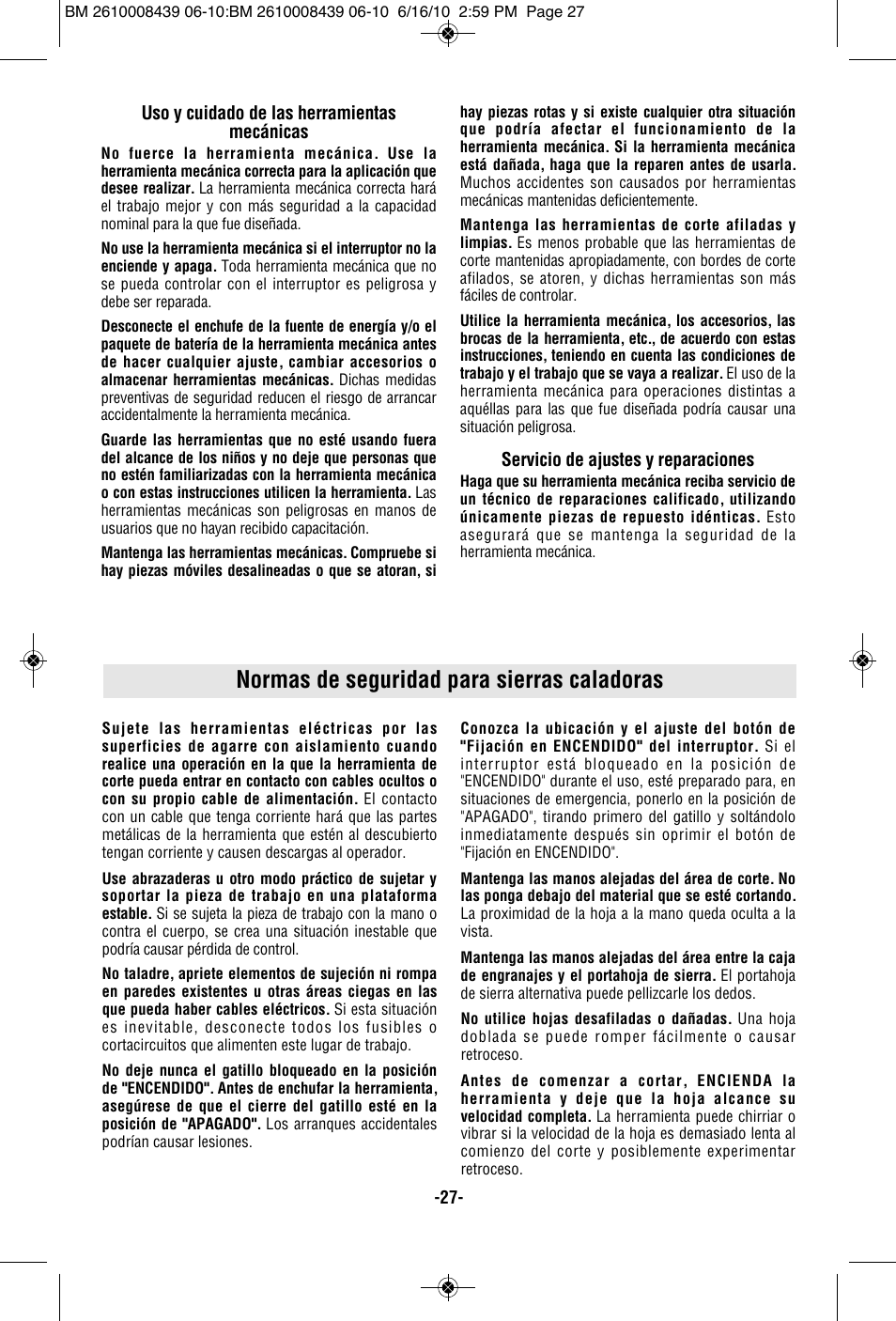 Normas de seguridad para sierras caladoras | Bosch JS470E User Manual | Page 27 / 40