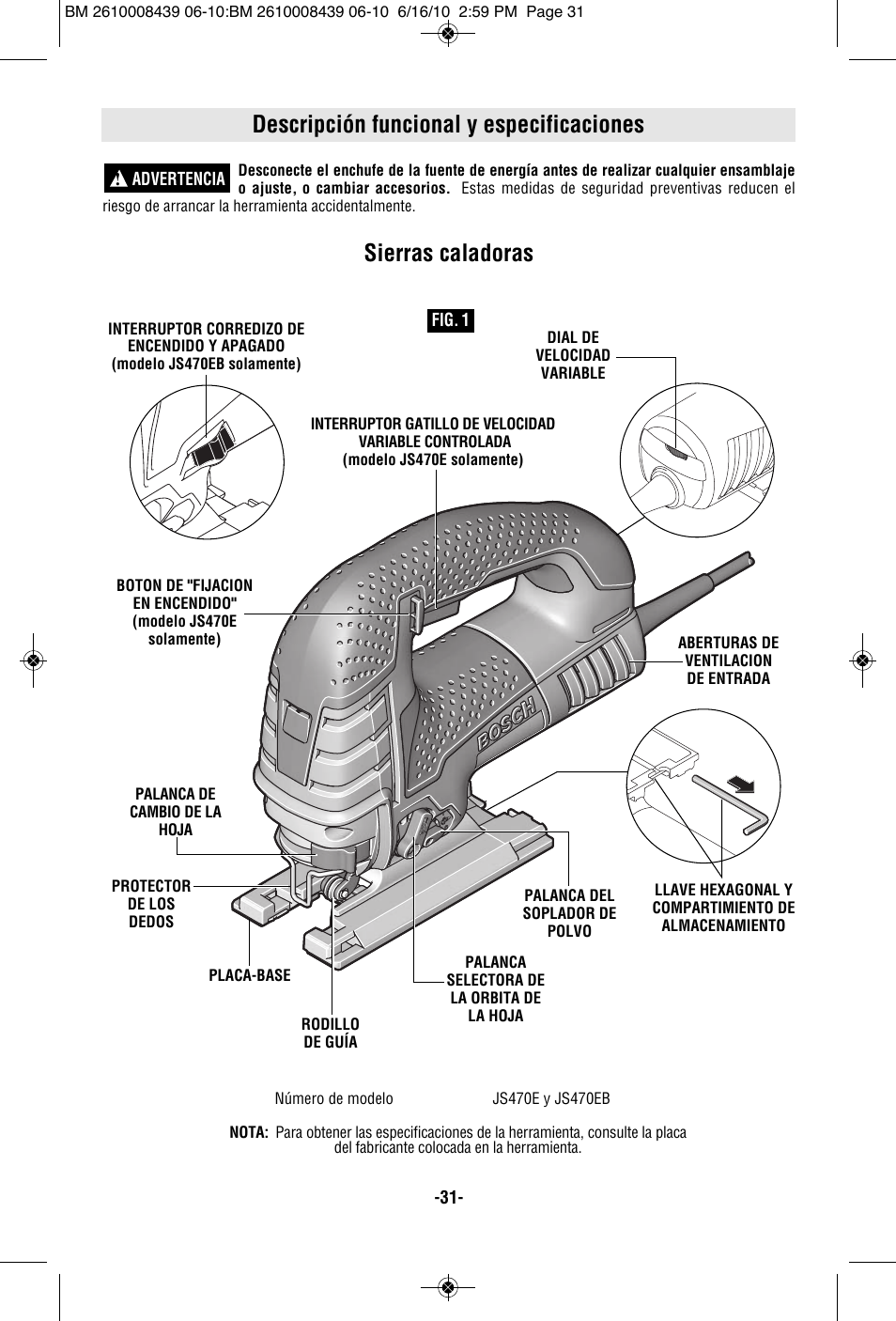 Descripción funcional y especificaciones, Sierras caladoras | Bosch JS470E User Manual | Page 31 / 40