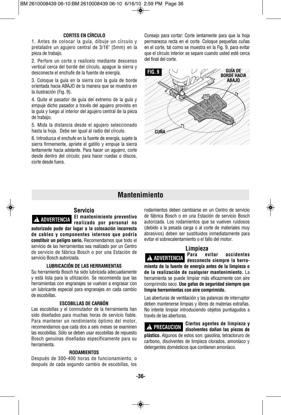 Mantenimiento, Servicio, Limpieza | Bosch JS470E User Manual | Page 36 / 40