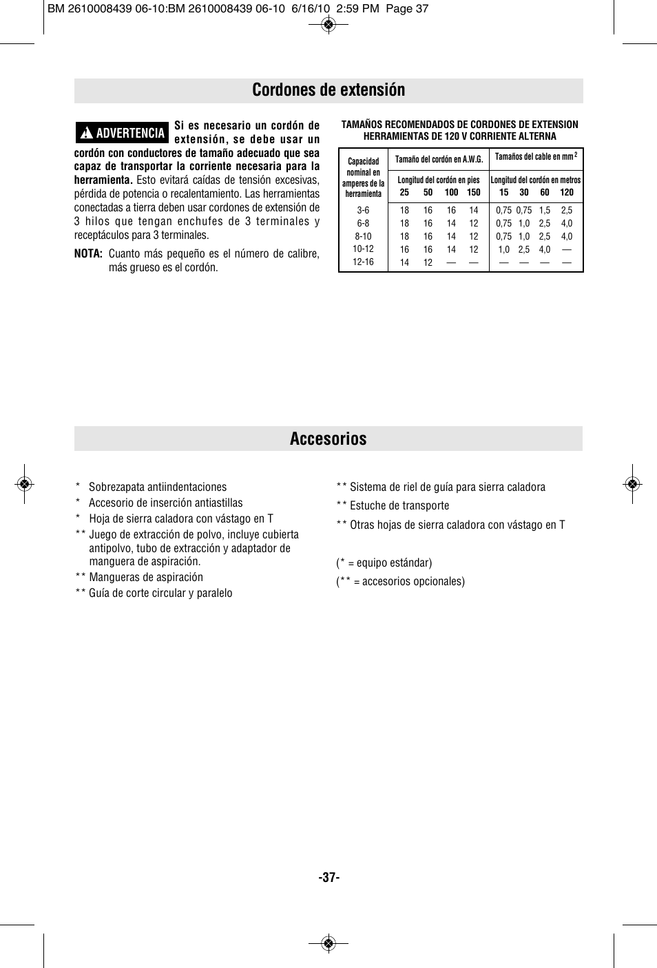 Accesorios, Cordones de extensión, Advertencia | Bosch JS470E User Manual | Page 37 / 40