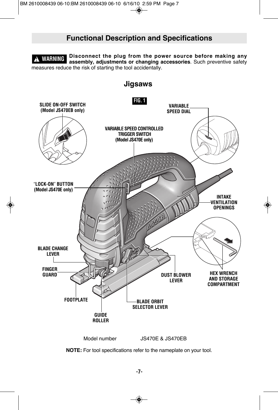 Functional description and specifications, Jigsaws | Bosch JS470E User Manual | Page 7 / 40