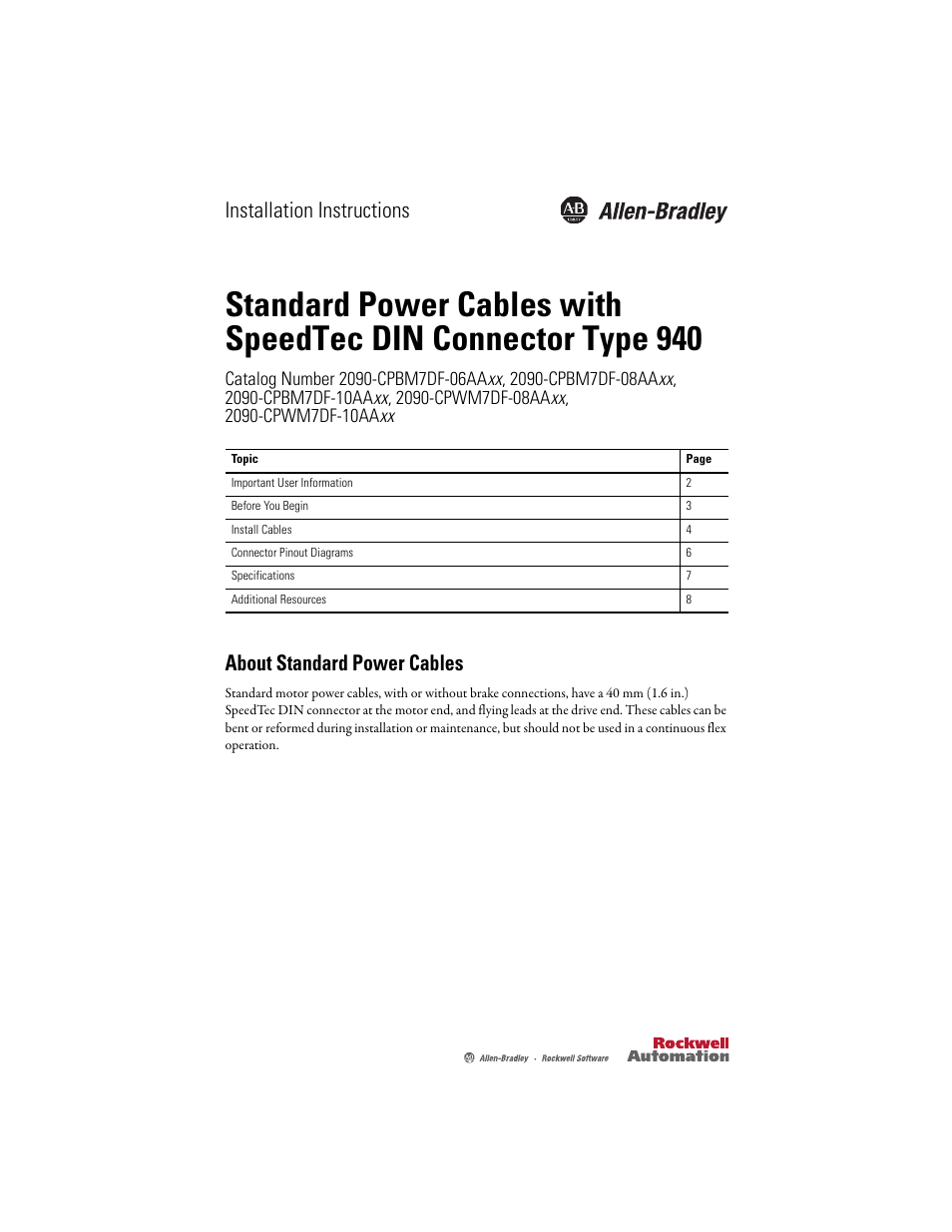 Rockwell Automation 2090-CPxxx Standard Power Cables with SpeedTec DIN Connector Type 940 Installation Instruct User Manual | 8 pages