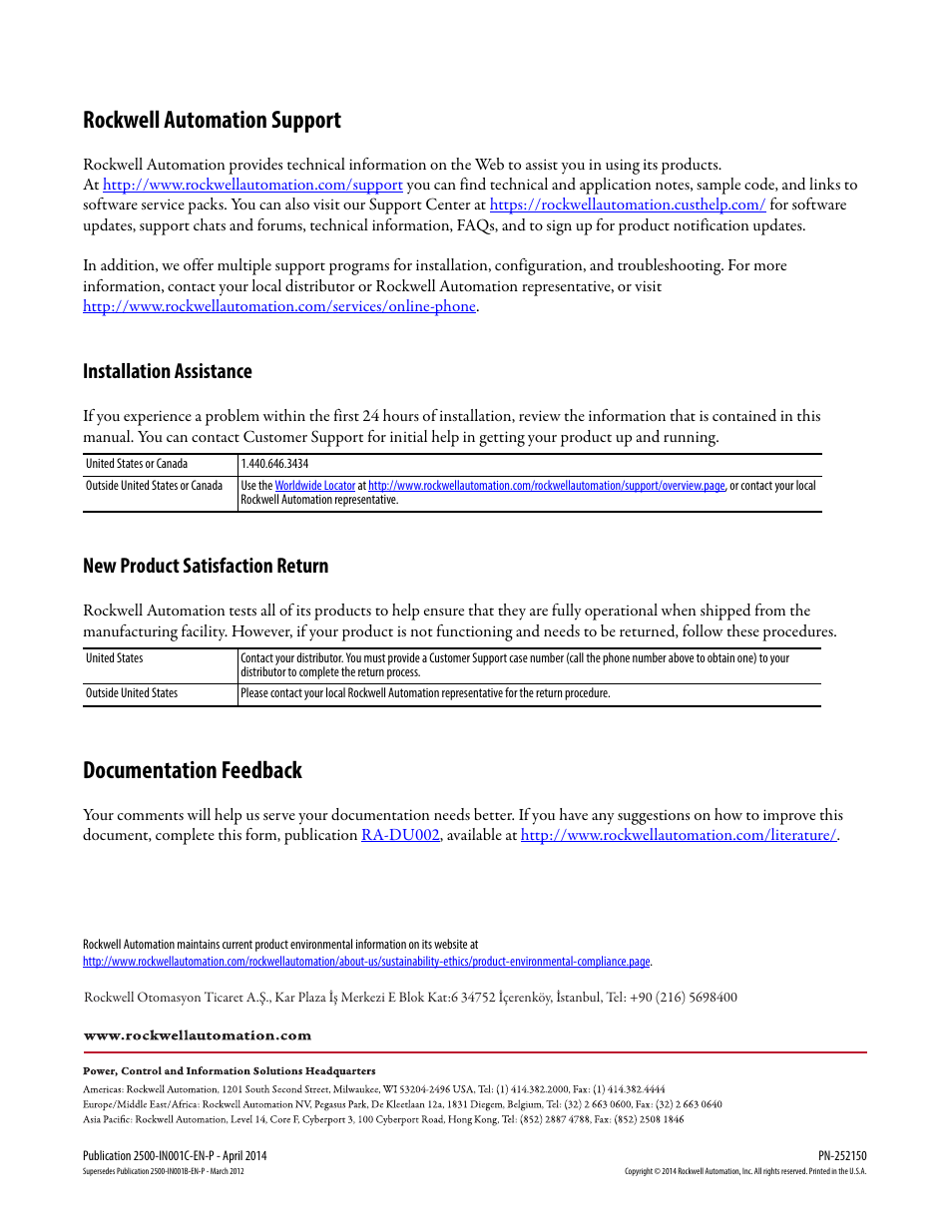 Untitled, Rockwell automation support, Documentation feedback | Installation assistance, New product satisfaction return | Rockwell Automation 2500 CENTERLINE Motor Control Centers Installation Manual User Manual | Page 100 / 100