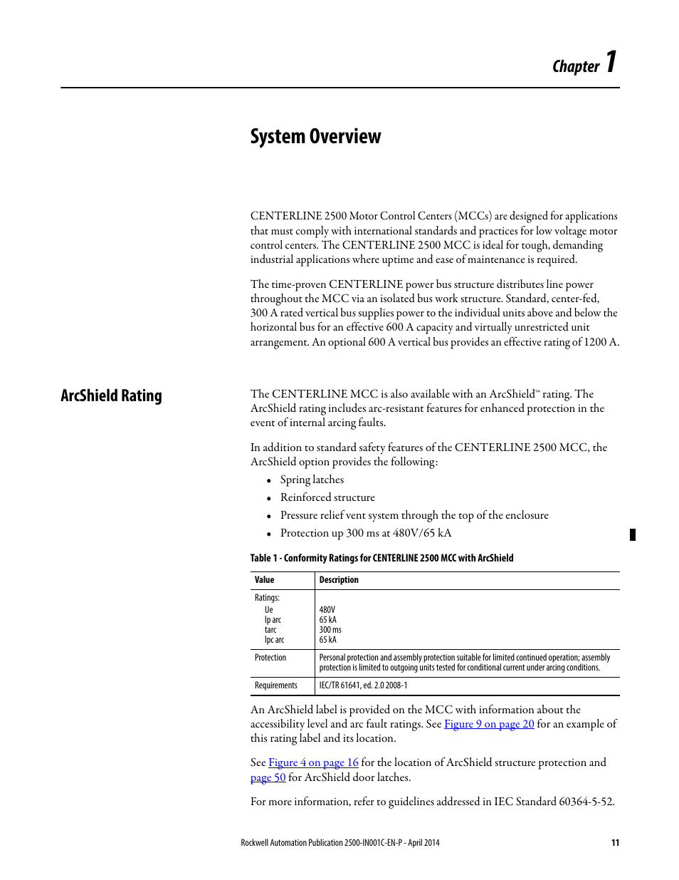 1 - system overview, Arcshield rating, Chapter 1 | System overview, Arcshield™ rating, Chapter | Rockwell Automation 2500 CENTERLINE Motor Control Centers Installation Manual User Manual | Page 11 / 100