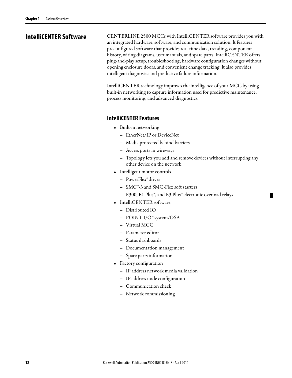 Intellicenter software, Intellicenter features, Intellicenter | Rockwell Automation 2500 CENTERLINE Motor Control Centers Installation Manual User Manual | Page 12 / 100