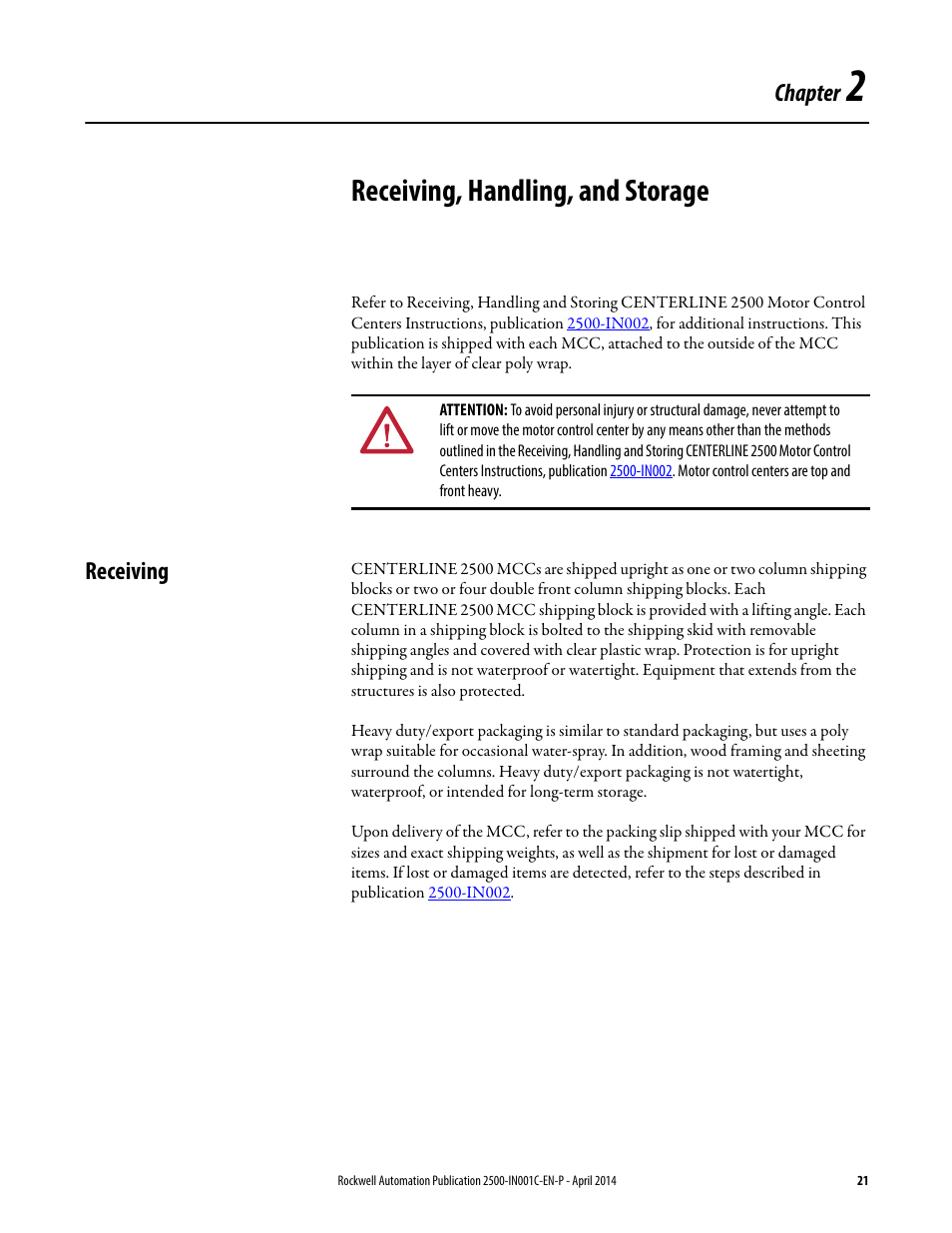 2 - receiving, handling, and storage, Receiving, Chapter 2 | Receiving, handling, and storage, Chapter | Rockwell Automation 2500 CENTERLINE Motor Control Centers Installation Manual User Manual | Page 21 / 100