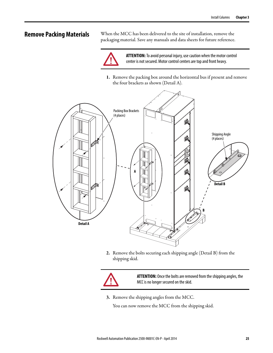 Remove packing materials | Rockwell Automation 2500 CENTERLINE Motor Control Centers Installation Manual User Manual | Page 25 / 100