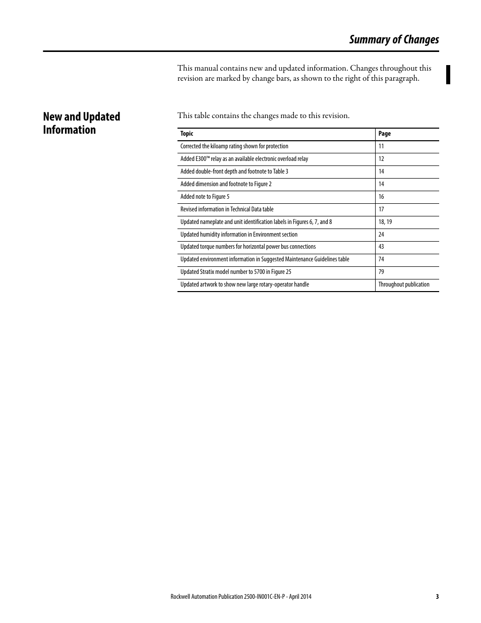 Summary of changes, New and updated information | Rockwell Automation 2500 CENTERLINE Motor Control Centers Installation Manual User Manual | Page 3 / 100