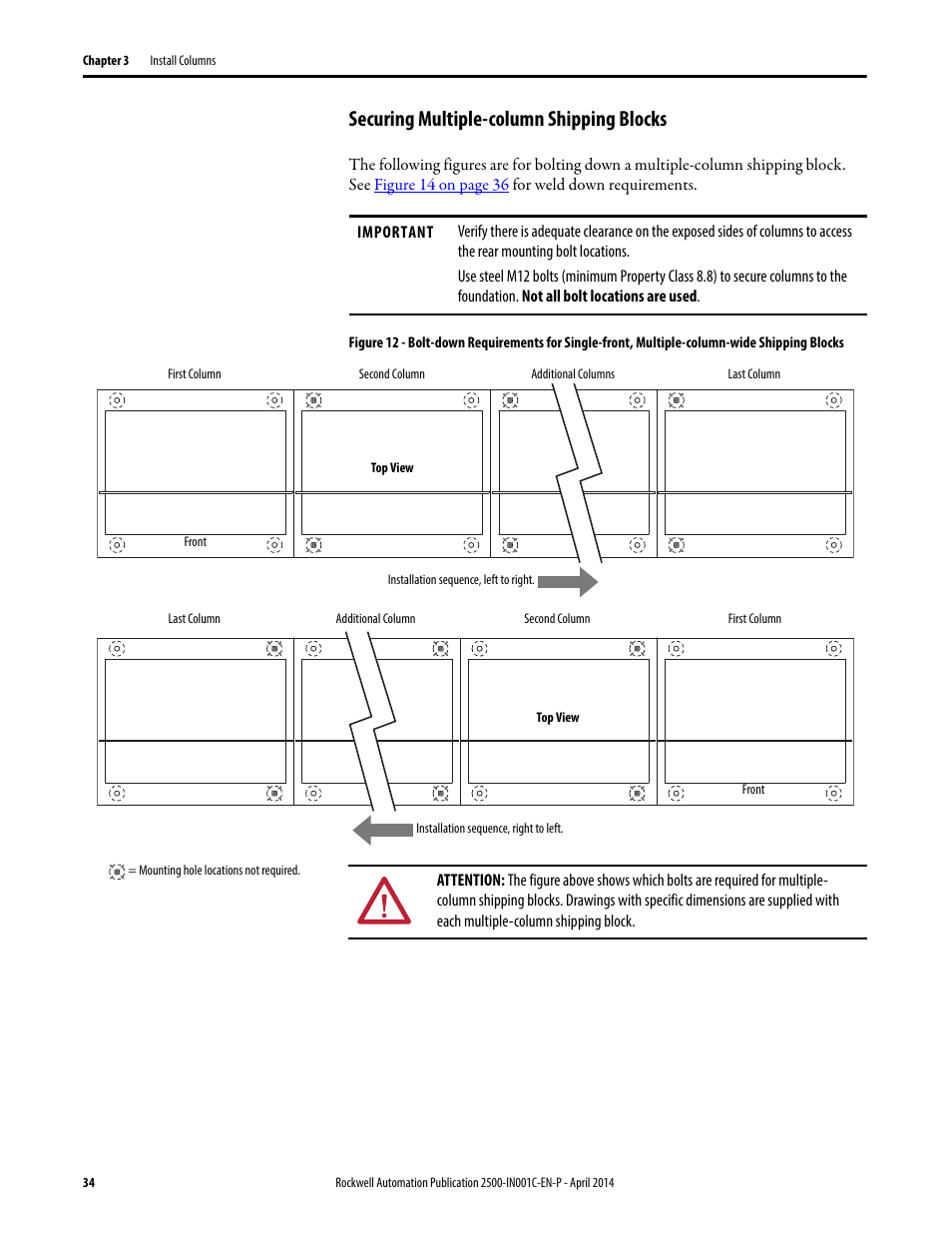 Securing multiple-column shipping blocks | Rockwell Automation 2500 CENTERLINE Motor Control Centers Installation Manual User Manual | Page 34 / 100