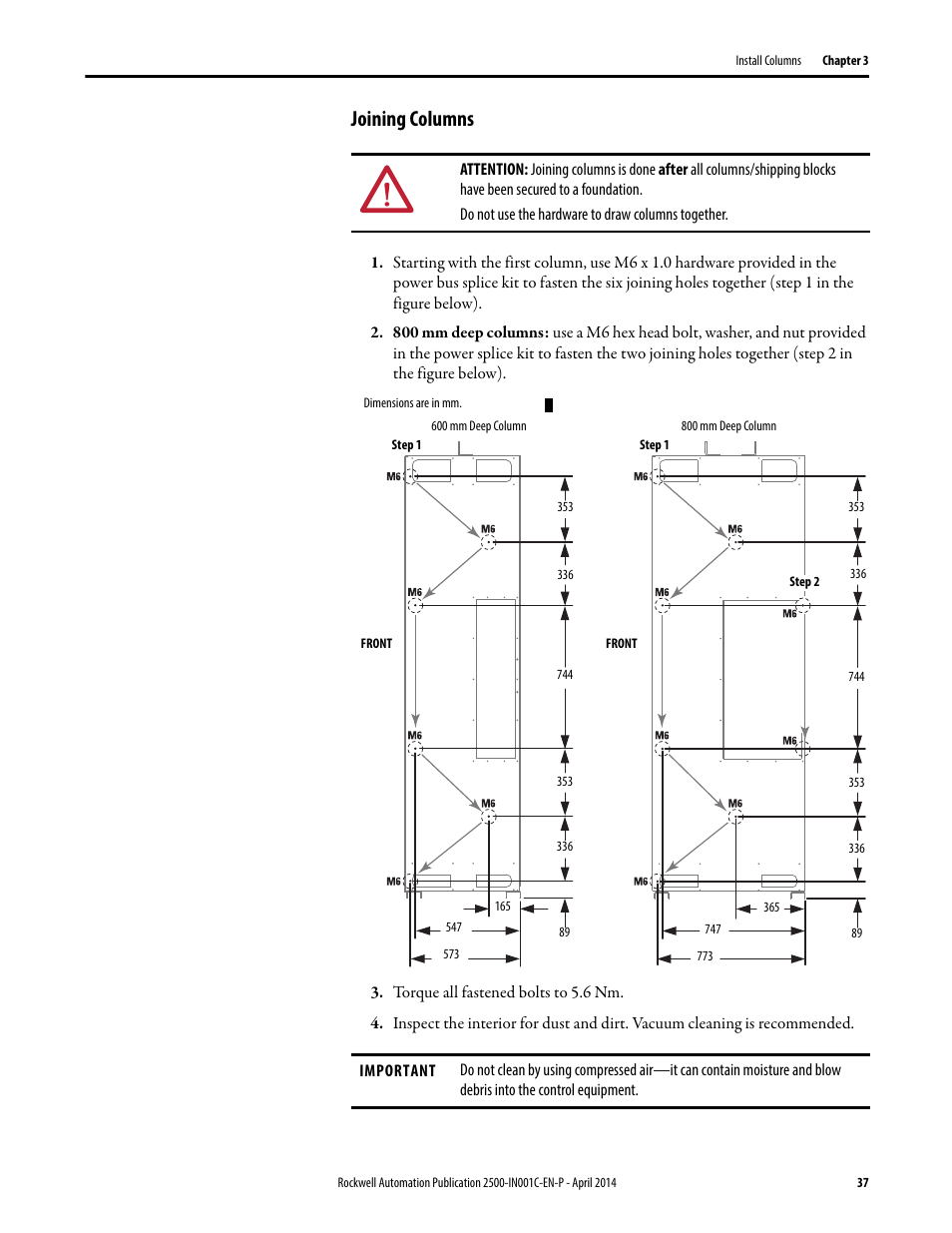 Joining columns | Rockwell Automation 2500 CENTERLINE Motor Control Centers Installation Manual User Manual | Page 37 / 100