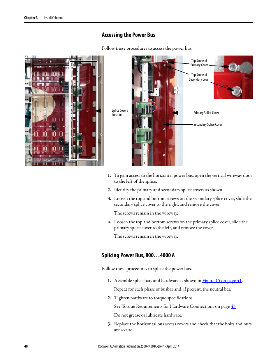 Accessing the power bus, Splicing power bus, 800…4000 a | Rockwell Automation 2500 CENTERLINE Motor Control Centers Installation Manual User Manual | Page 40 / 100