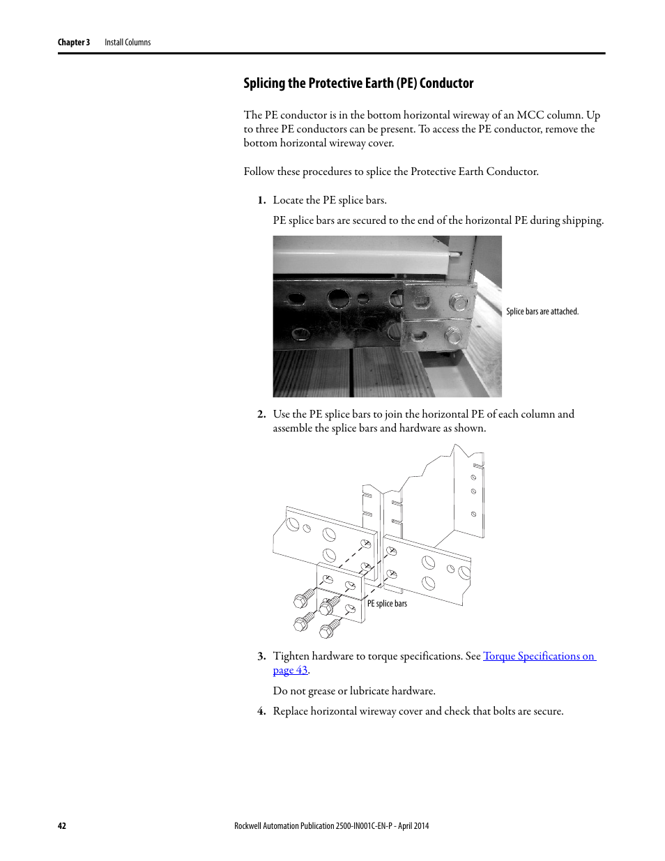 Splicing the protective earth (pe) conductor | Rockwell Automation 2500 CENTERLINE Motor Control Centers Installation Manual User Manual | Page 42 / 100