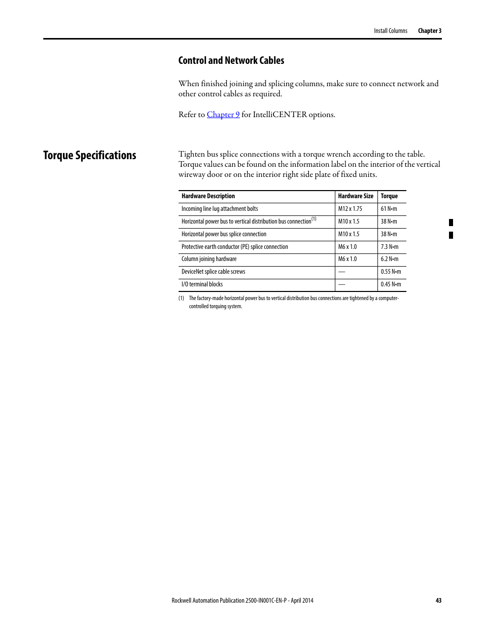 Control and network cables, Torque specifications, Torque specifications on | Rockwell Automation 2500 CENTERLINE Motor Control Centers Installation Manual User Manual | Page 43 / 100