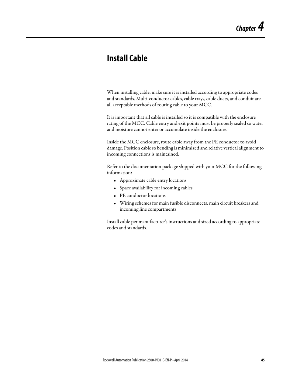 4 - install cable, Chapter 4, Install cable | Chapter | Rockwell Automation 2500 CENTERLINE Motor Control Centers Installation Manual User Manual | Page 45 / 100