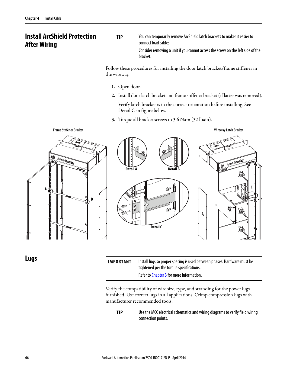 Install arcshield protection after wiring, Lugs, Install arcshield protection after wiring lugs | Rockwell Automation 2500 CENTERLINE Motor Control Centers Installation Manual User Manual | Page 46 / 100