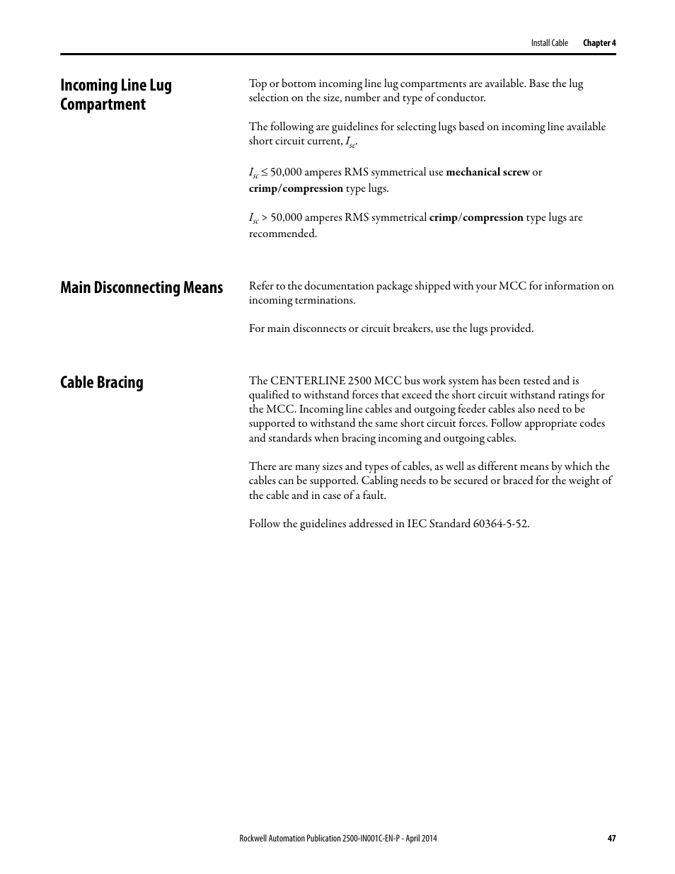 Incoming line lug compartment, Main disconnecting means, Cable bracing | Rockwell Automation 2500 CENTERLINE Motor Control Centers Installation Manual User Manual | Page 47 / 100