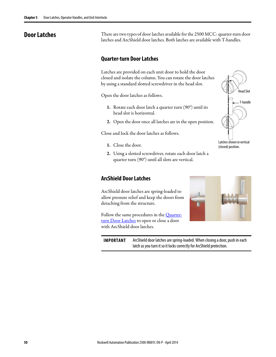 Door latches, Quarter-turn door latches, Arcshield door latches | Quarter-turn door latches arcshield door latches, For ar | Rockwell Automation 2500 CENTERLINE Motor Control Centers Installation Manual User Manual | Page 50 / 100